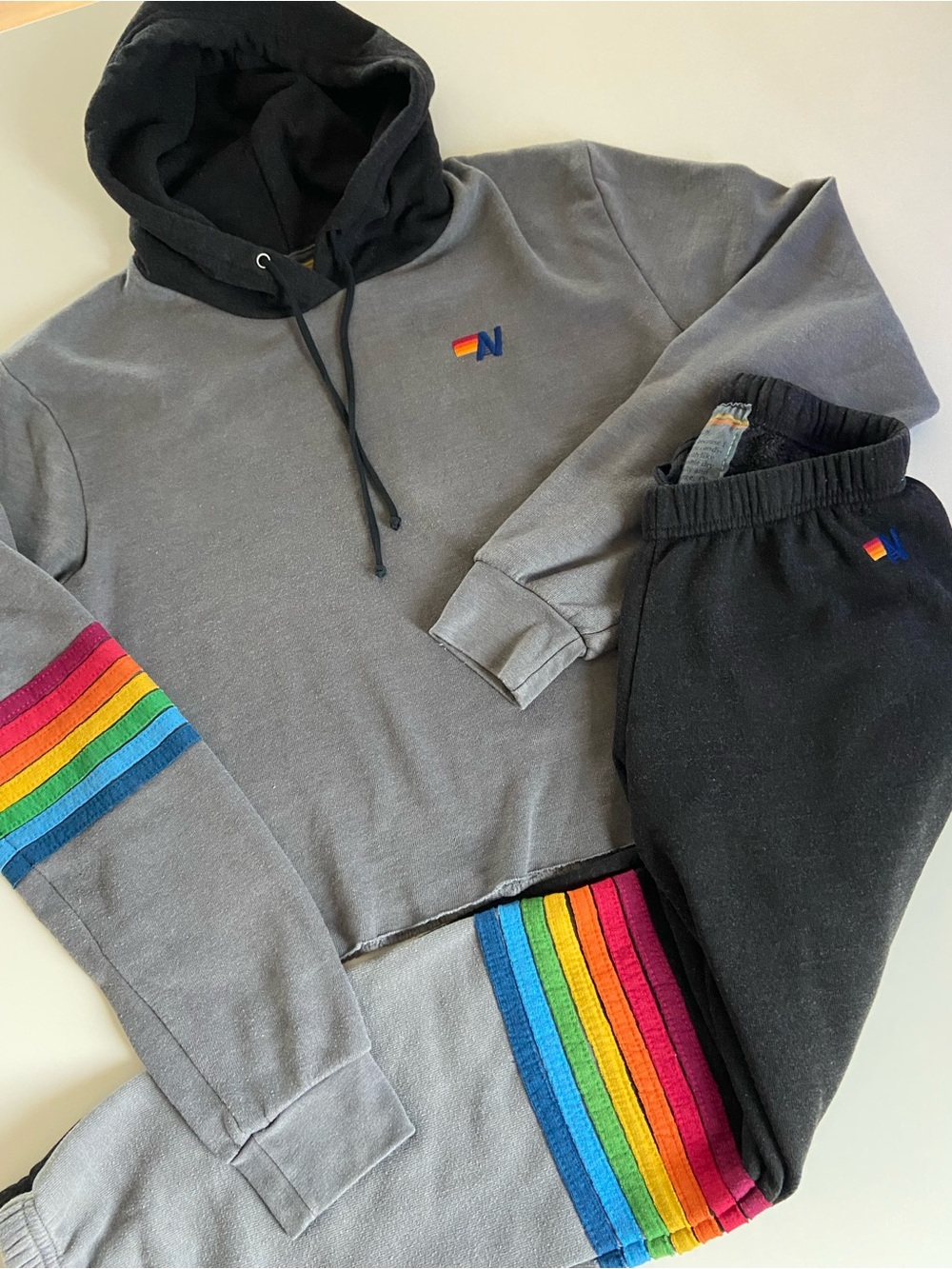 AVIATOR NATION SET Gray & Black Hoodie (L) + Bottoms (XS) w/ Rainbow 7-Stripe 🌈